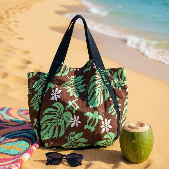 Hawaii Themed All Purpose Green Brown & White Bag Snap Closure 19x15x8 - Picture 1 of 15